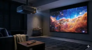 Proiector home cinema care proiectează imagine mare pe perete