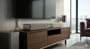 Soundbar home cinema instalat sub televizor pentru sunet surround