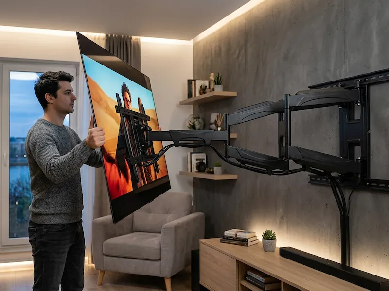 Ajustare Braț Articulat Utilizator reglând un suport de perete articulat.