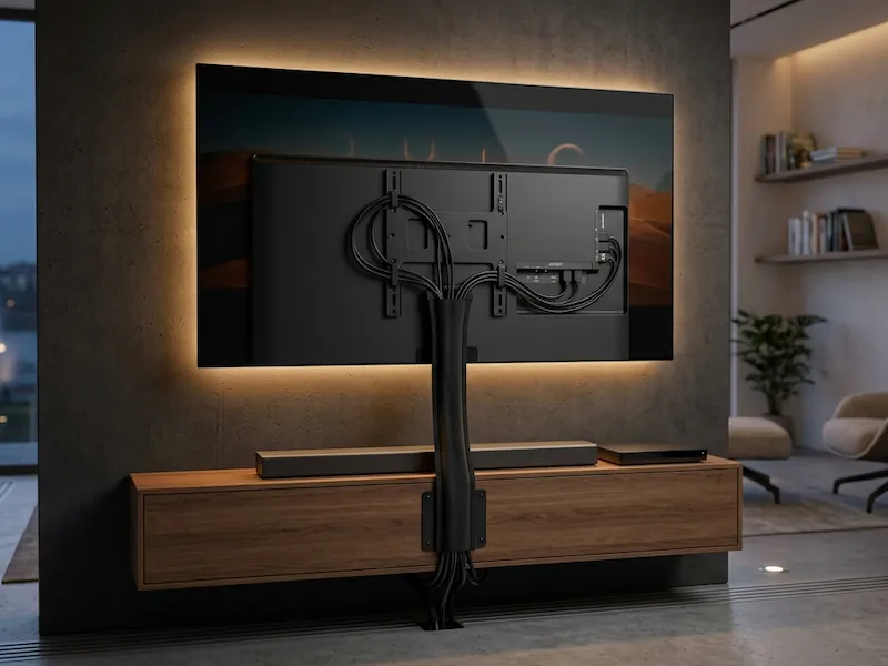 Management Cabluri XProduse Organizare estetică a cablurilor în spatele televizorului.