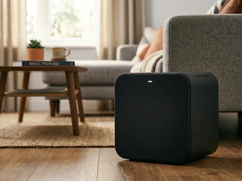 amplasare subwoofer wireless living Subwoofer wireless compact pentru bas profund fără cabluri vizibile.