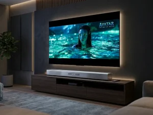 sisteme audio și soundbar premium cu design minimalist integrat sub ecranul televizorului.