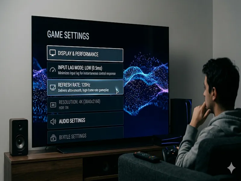 gaming pe televizor oled 120hz Interfață de joc fluidă pe un televizor cu rată de refresh ridicată și latență minimă.