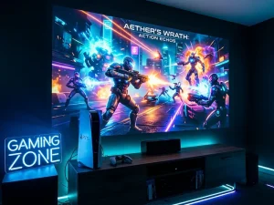 Setup de gaming cu proiector laser și latență scăzută pentru console next-gen.