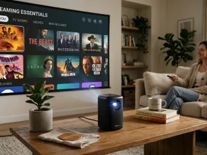 Proiector laser Ultra Short Throw plasat pe mobilă pentru sufragerie modernă.