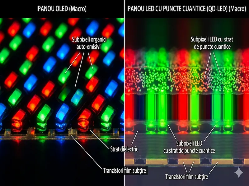 structura pixeli oled vs qled Detaliu tehnic al diferenței de iluminare între panourile OLED și cele QLED.