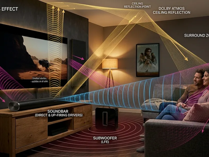 tehnologie surround sisteme audio Ilustrație a sunetului surround proiectat de un sistem audio modern.