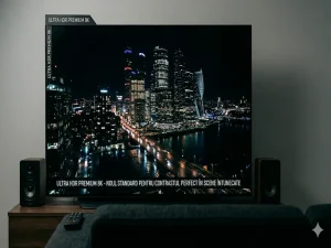 Televizor OLED premium afișând contrastul perfect în scene întunecate.